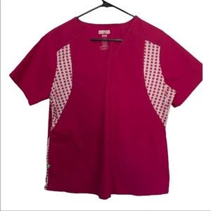 3/$30  Health Pro stretch dark pink polka dot stretch scrub top